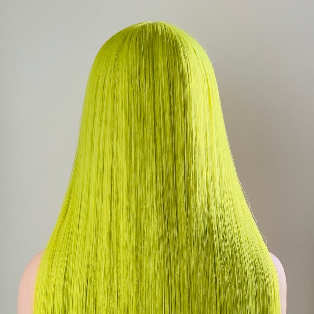 🌹30” Long Straight Green Lemon Premium Fiber Wig with Bangs for Daily Wear/Event - Picture 11 of 11